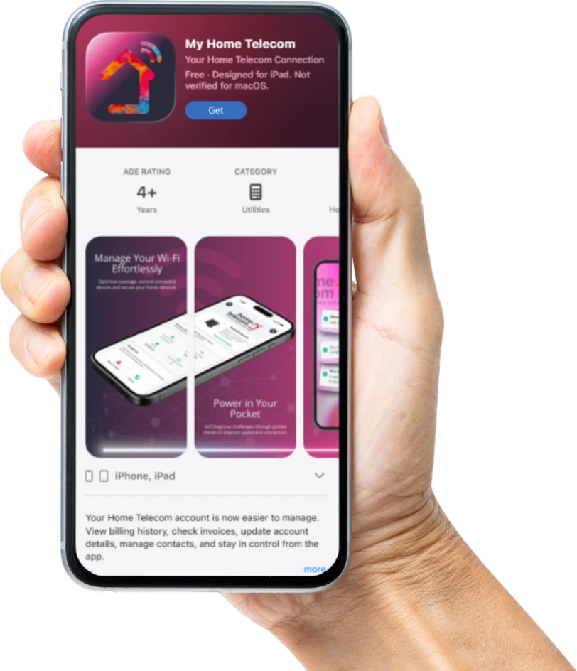 a hand holding a phone showing the my home telecom app listing, with wi-fi management and account screens
