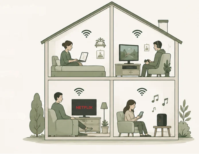 a cutaway house on a busy evening: someone on a laptop, someone gaming, netflix on the tv and someone streaming music