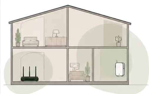 a cutaway house with the router covering one side and an extender covering the far rooms