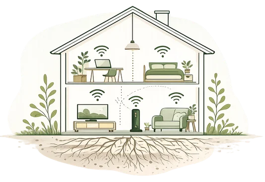 a line illustration of a house cut away, wi-fi signals in every room and roots spreading under the ground