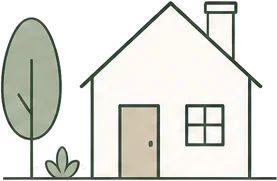 a small single-storey house with a tree