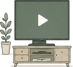 a television on a wooden stand with a plant beside it