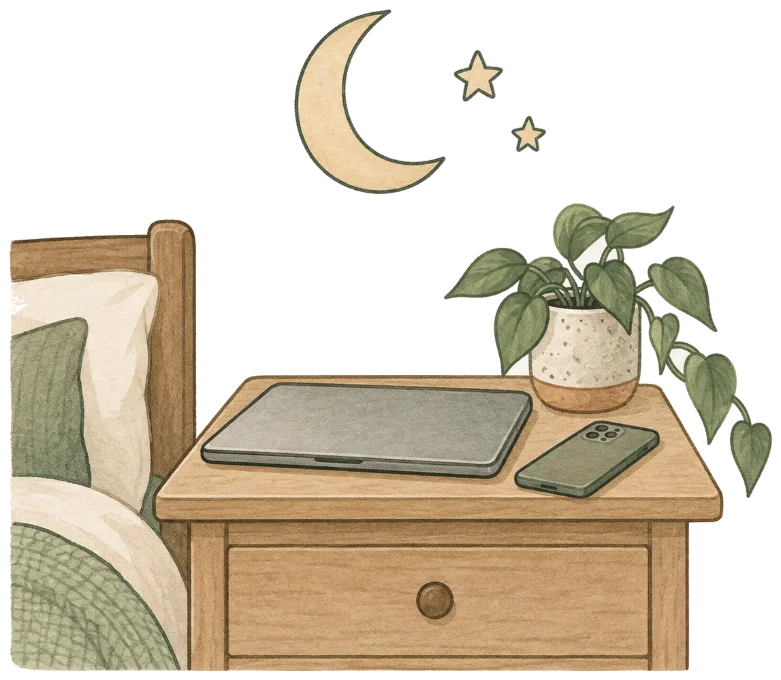 a bedside table with a closed laptop and a phone lying face down, a trailing houseplant, and a crescent moon and two stars above