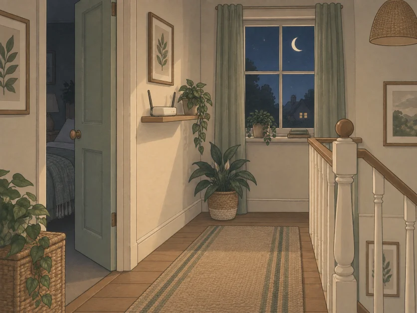 an upstairs landing at night, a router with one green light on a shelf, a bedroom door ajar and a crescent moon through the window