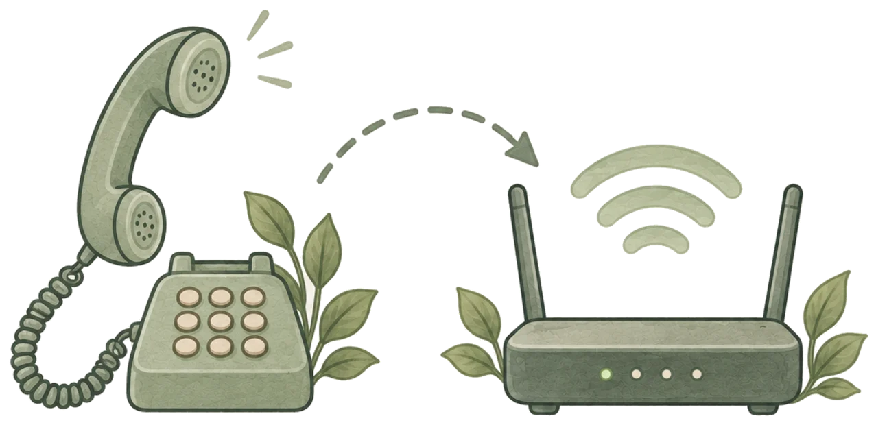 an old corded telephone on the left and a modern router on the right, with a dashed arrow curving from one to the other and leaves behind both