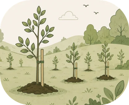 young trees staked in a green field with rolling hills and birds behind