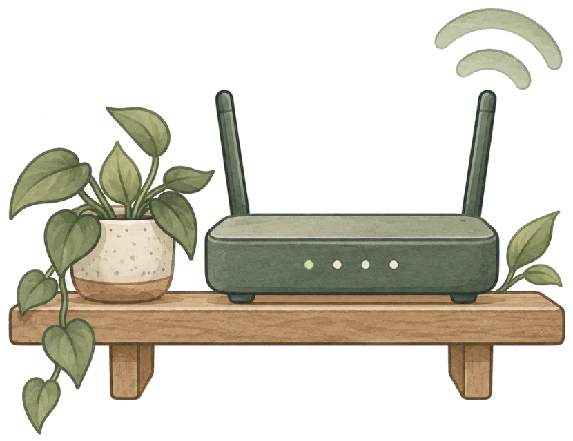 a router with two aerials on a wooden wall shelf beside a trailing houseplant, with soft signal arcs rising from one aerial
