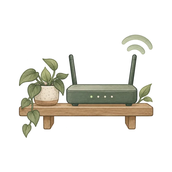 a router with two aerials on a wooden wall shelf beside a trailing houseplant, with soft signal arcs rising from one aerial