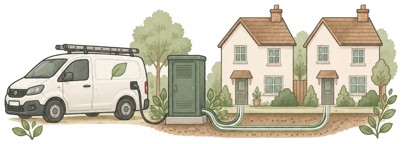 a white engineer’s van with a leaf on its side plugged into a green street cabinet, with fibre running underground to two houses