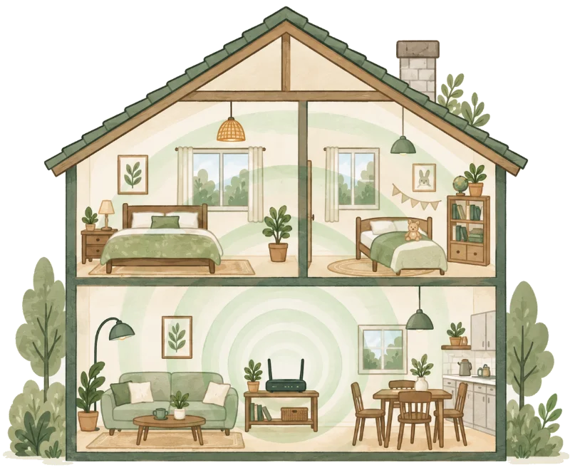 a cutaway of a two-storey house with the router on a shelf in the middle of the ground floor and signal spreading evenly through every room