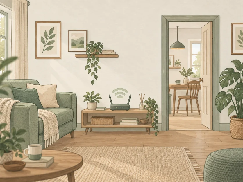 a living room with the router on a low shelf in the middle of the wall, a sofa to one side and a doorway through to the next room