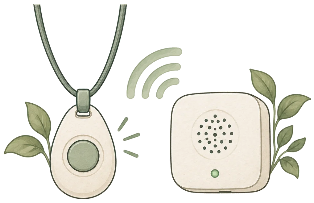 a pendant alarm on a neck cord beside a small wall unit, with signal arcs between them and leaves behind both