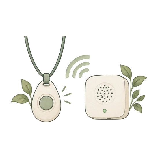 a pendant alarm on a neck cord beside a small wall unit, with signal arcs between them and leaves behind both