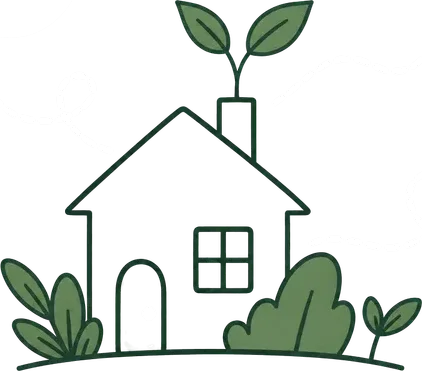 a hand-drawn house with a seedling growing out of the chimney