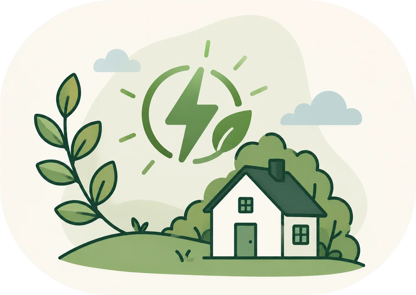 a house on a green hill under a leaf-and-lightning mark