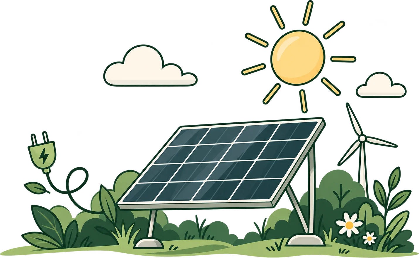 a solar panel in a garden, with a wind turbine, sun and clouds behind it